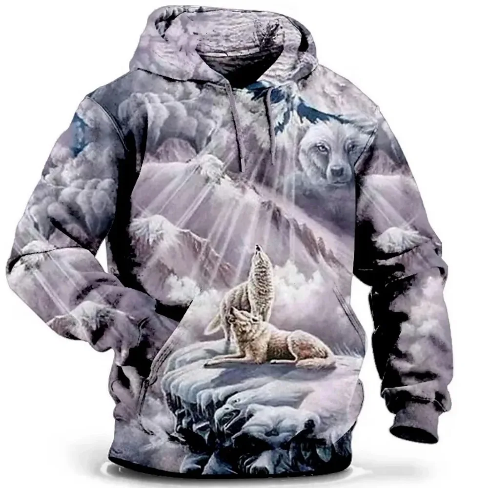 Sweatshirts for Men Animal Wolf 3D Print Hoodies Autumn Long Sleeved Top Casual Oversized Men's Clothing Street Photo Pullover