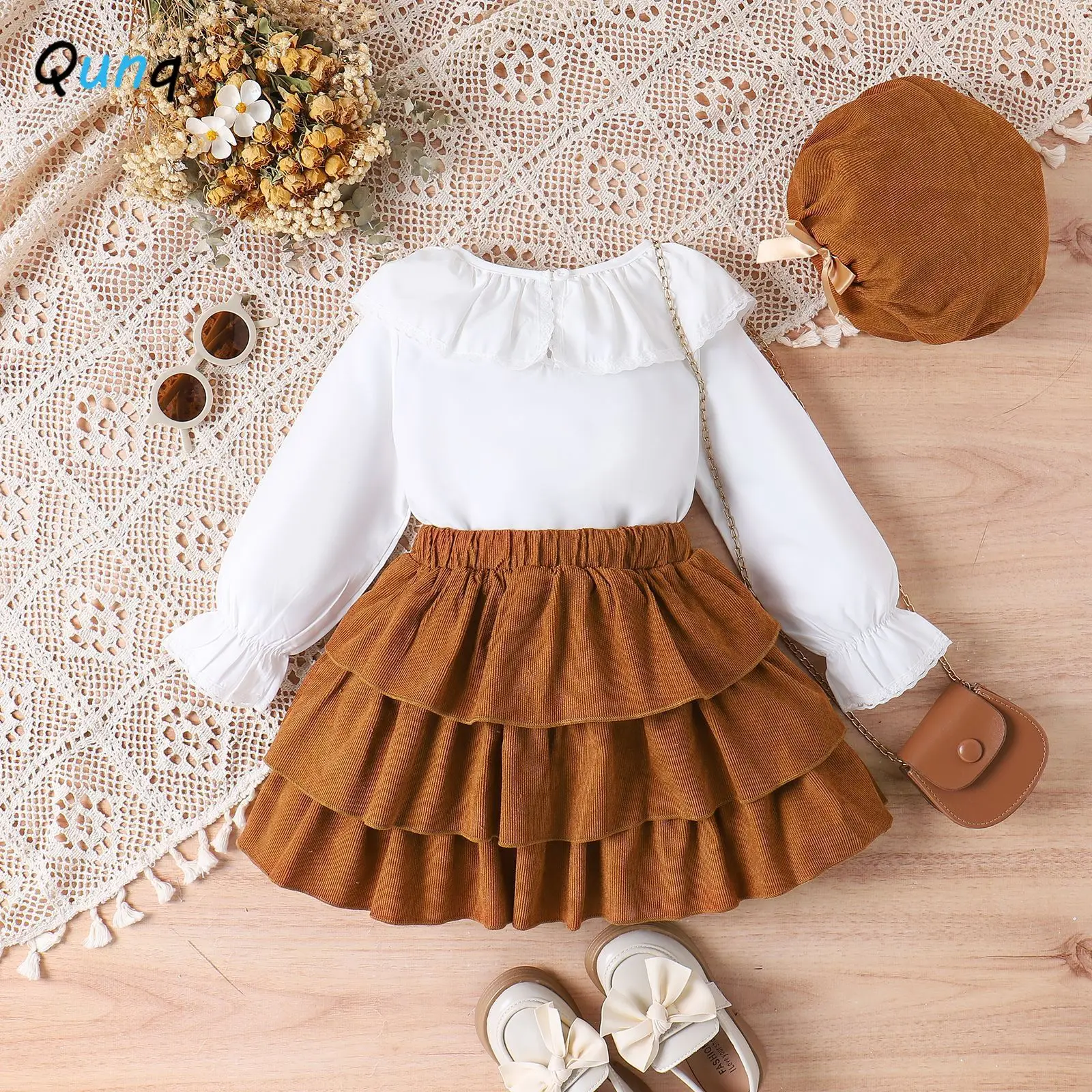 Qunq 2023 Autumn Girls Lotus Collar And Long Sleeves Top+Corduroy Cake Dress And Cap 3 Pieces Set Casual Kids Clothes Age 3T-8T