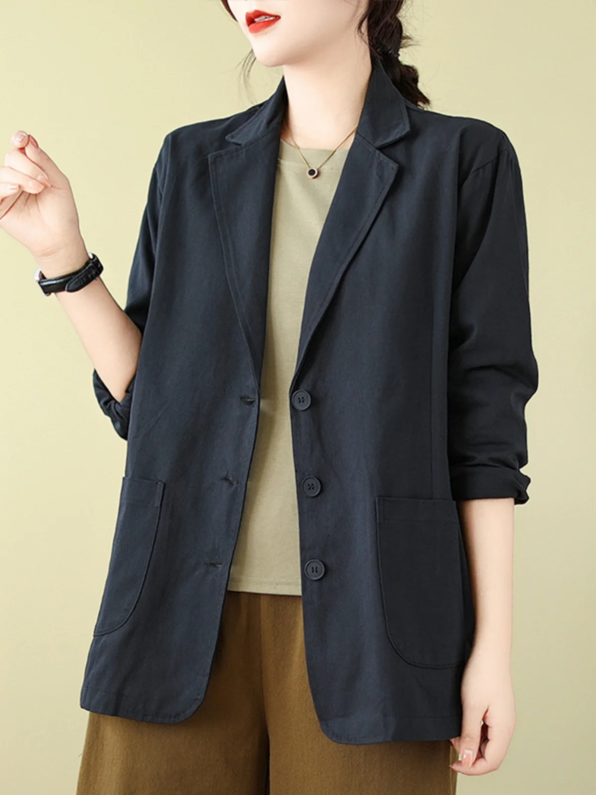 

plus Size Women's Casual Bla Cotton Suit Jaet Loose Fit Spring Autumn New Sle Diagonal Pattern High-End Feeling
