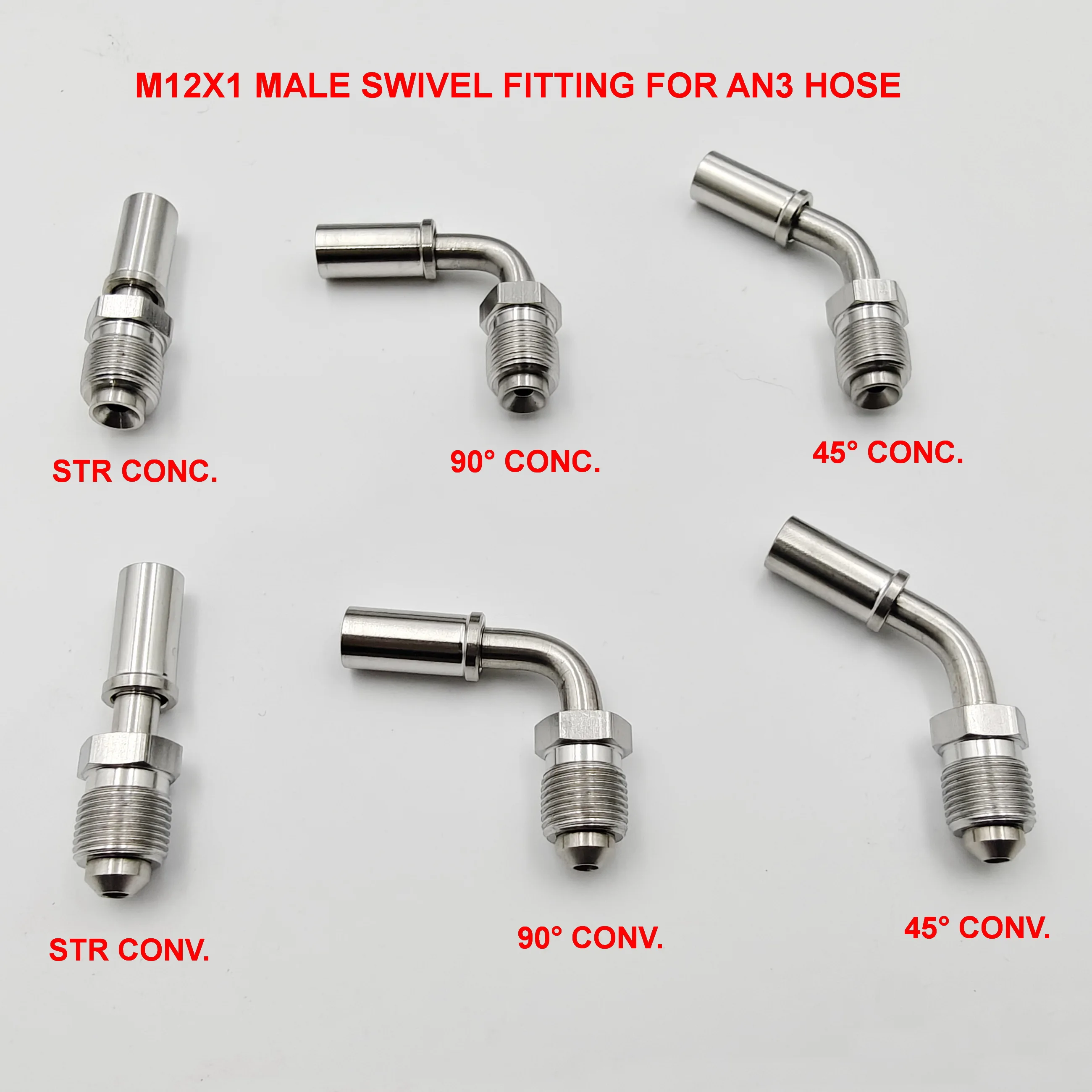 

Stainless M12x1 Male Swivel CONC. CONV Straight 45 90 Degree Fittings For AN3 Braided Hose