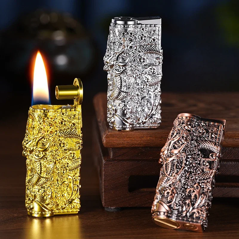 

Retro 3D Relief Lighter Open Flame Grinding Wheel Vintage Refillable Oil Lighters Cigarette Accessories Men's Gift