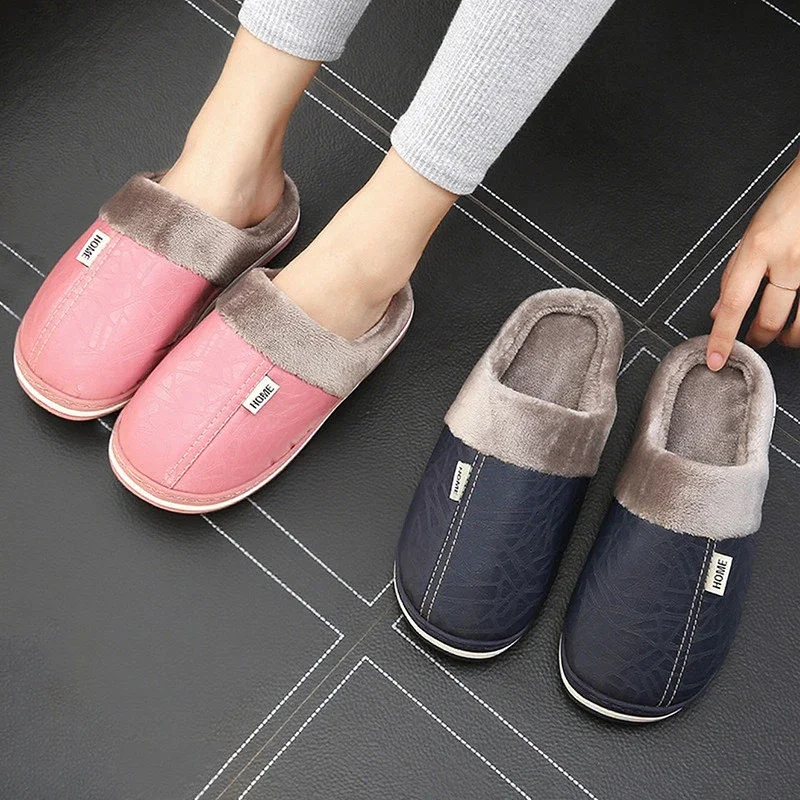 Big Size 36-51 Men Winter Slippers Warm Cotton Shoe Waterproof PU Leather Women House Furry Slipper Couples Bedroom Plush Flats