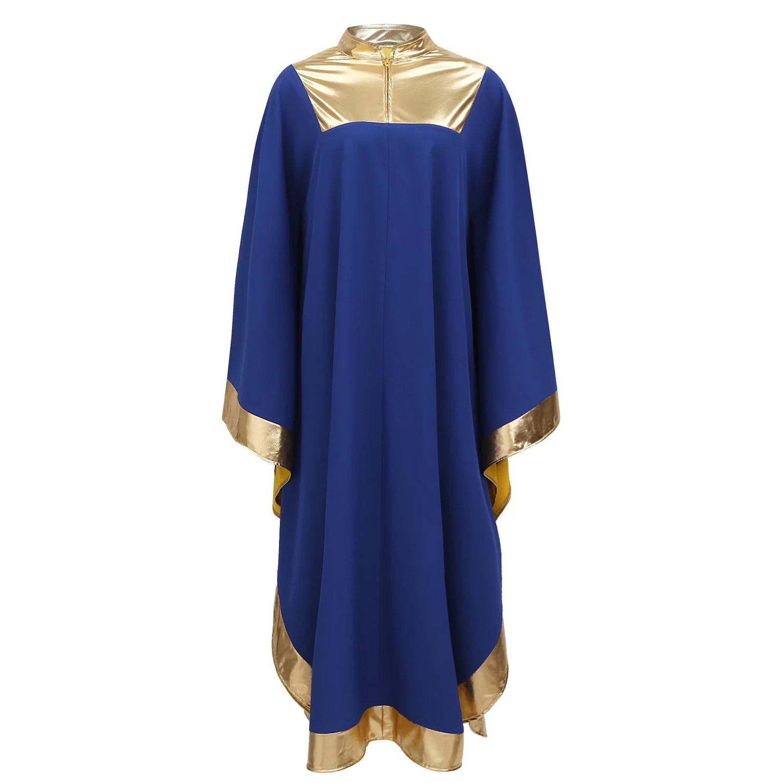 

Mens Adults Church Choir Robe Metallic Shiny Patchwork Mock Neck Front Zipper Cassock for Baptism Judge Pastor Cosplay