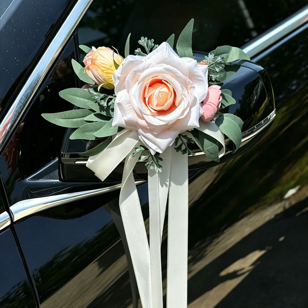 Weiße Rosen Rustikale Hochzeitsauto-Dekoration, Mit Künstlichen Eukalyptusblättern und Elfenbeinfarbenem Satinband, für Hochzeitsstuhl-Dekoration – Detail 7