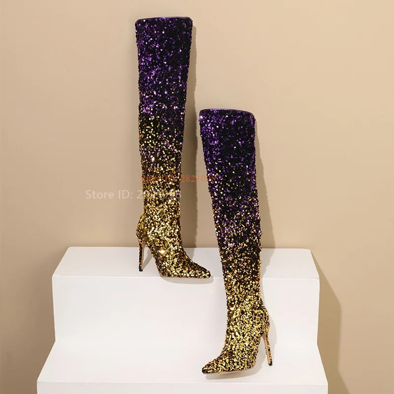 

Mixed Color Over The Knee European Bling Bling Shiny Super High Heel Slim Heel Pointed Sequins Glittering Nightclub Thigh Boot