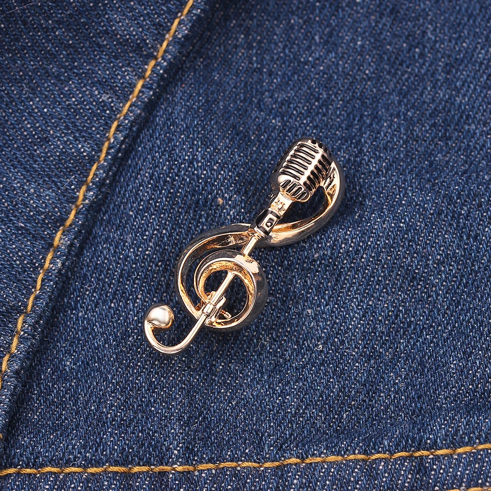 Gold Color Microphone Music Note Brooches Enamel Pin For Women Men Singer Party Concert Accessories Gift Jewelry