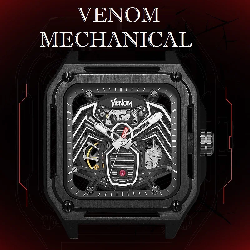 Marvel Venom The Avengers For Mens Watch Self Automatic Mechanical Wristwatch Rectangle 3D Dial Silicone Strap Relogio Masculino