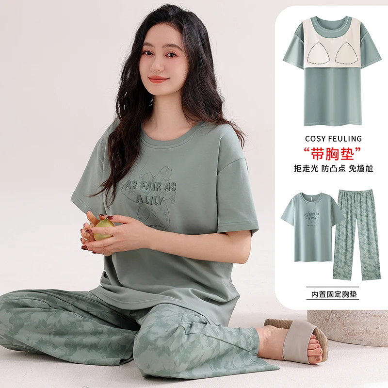 High Quality Summer Women Pajamas Set Female 100% Cotton Short Sleeve Homewear With Chest Pad