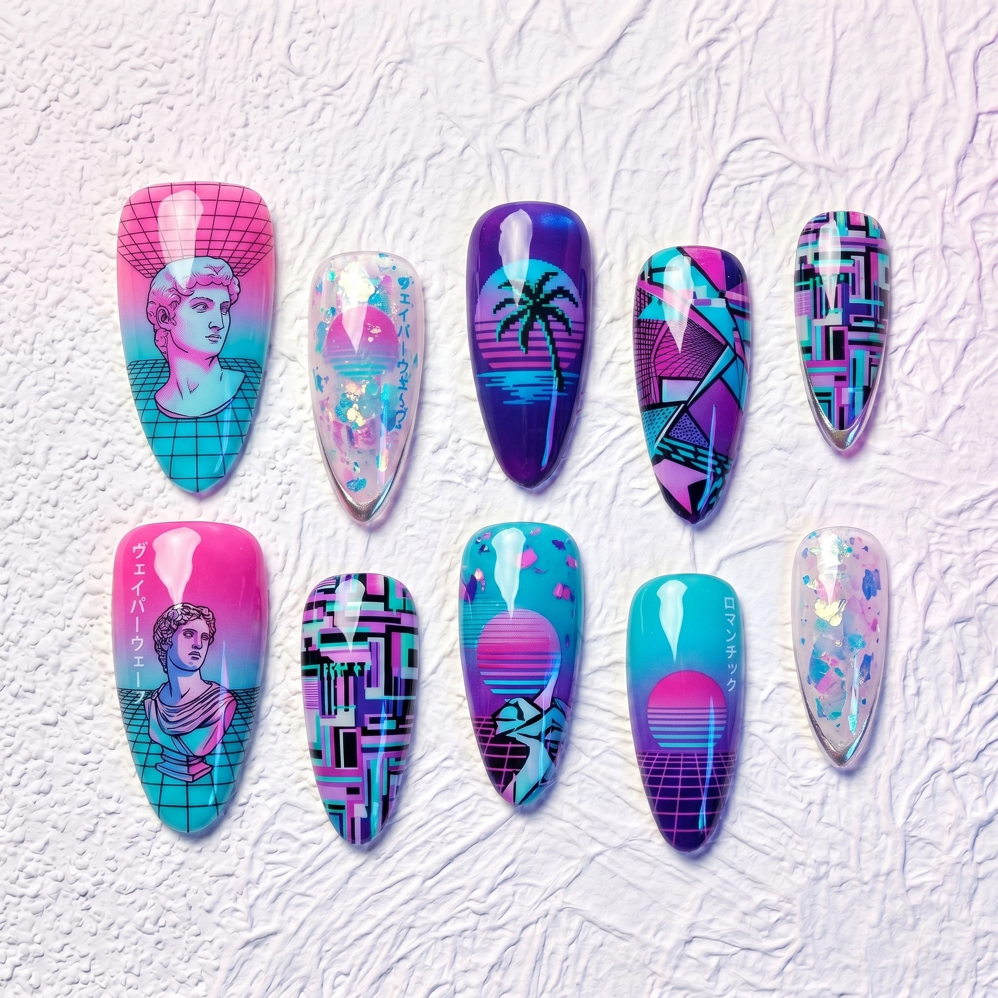 Artisan Handcrafted 10PCS Retro Futuristic Stiletto Press-On Nails | Classical Bust, Grids, Palm Trees, Neon Glitter Party Wear
