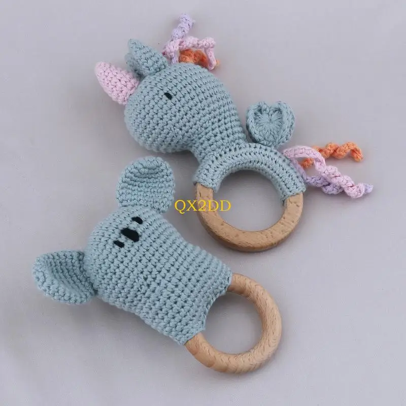QX2D Baby Teether Crochet Crochet Animal Cratsles Beech Wooden Bracelet Bracelet Ring for Newborn BPA Bath Toy Toy