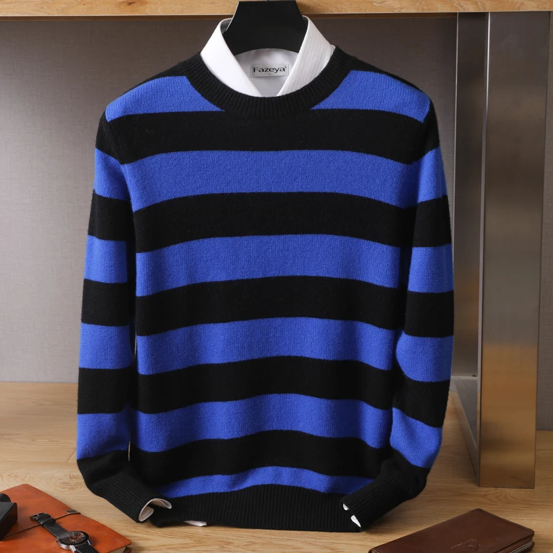 100% Pure Wool Sweater Men's Round neck Pullover Korean Fashion Knitting Stripe Top Autumn and Winter New Shirt