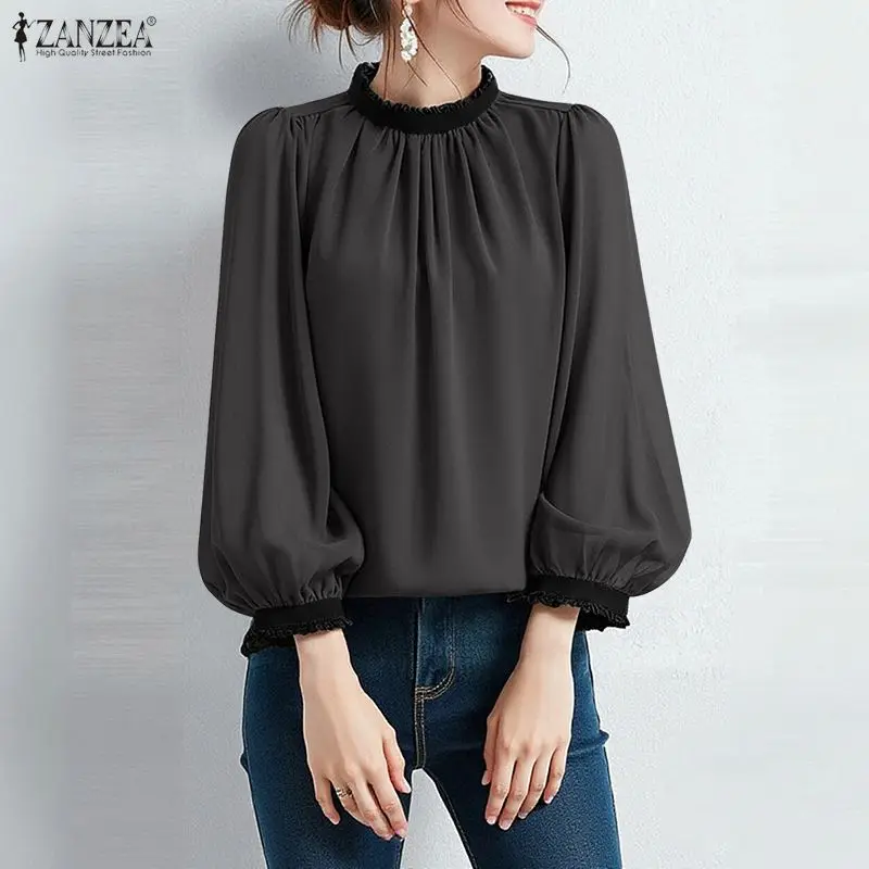 

ZANZEA 2026 Spring Blouse Stylish Women Chiffon Patchwork Blouses Elegant Stand Neck Office Shirt Long Sleeve Tops Tunic Mujer