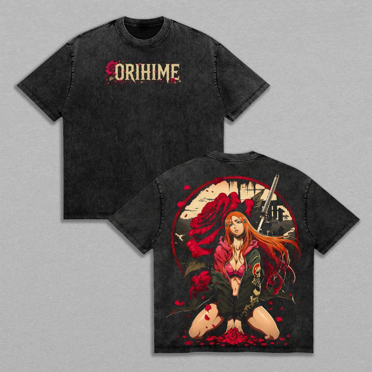 BLEACH Orihime Inoue Vintage Anime Grafik T-Shirt Gewaschener Retro-Druck Übergroßes Unisex Kurzarm Otaku Streetwear Casual Oberteil – Detail 5