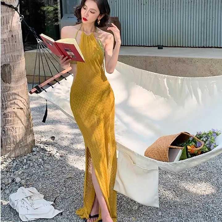 

Новинка 2026: Женский купальник-бикини в стиле INS, ярко-желтый, с открытой спиной, и пляжная макси-юбка для летнего отдыха на острове