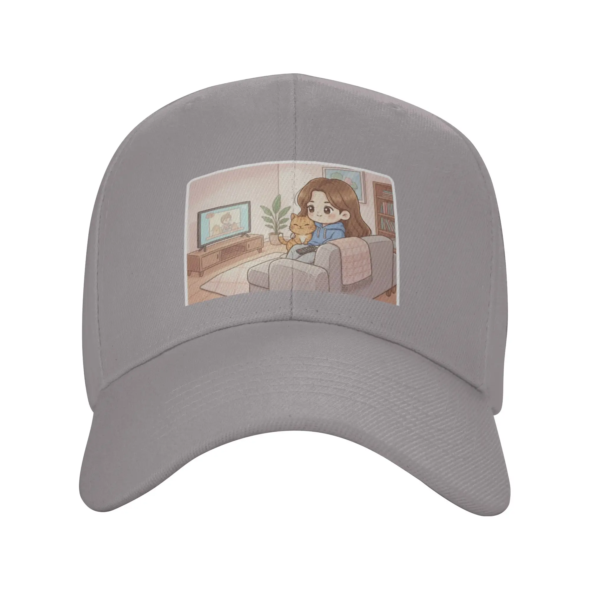 Girl and Orange Cat Watching TV at Home Trendy Baseball Cap Street Fashion Mid Profile Baseball Cap