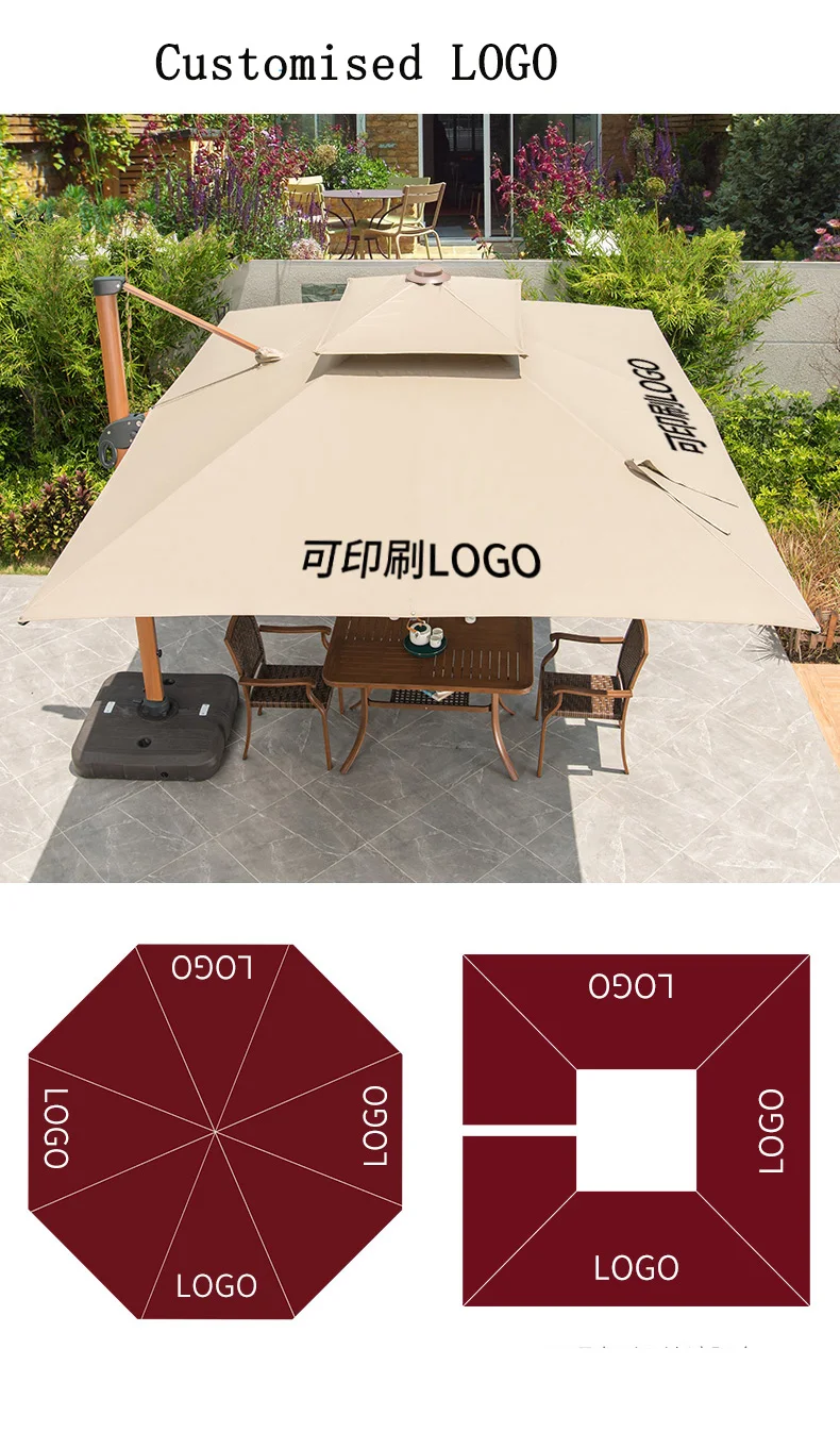 Solar Patio Large Umbrella with Led Lights, Wooden, Aluminum, Garden,  Beach, Anti-UV Cantilever, Outdoor Umbrellas with Base