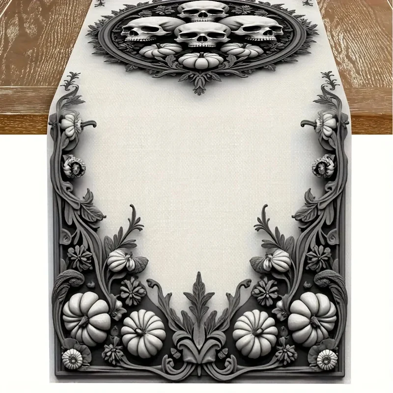 قطعة واحدة من مفرش طاولة تحت عنوان الهالوين، نمط جمجمة واليقطين - تصميم ديكور أبيض وأسود، مناسب للحفلات والمطاعم والمنازل والأسواق ومشاهد تزيين العطلات.