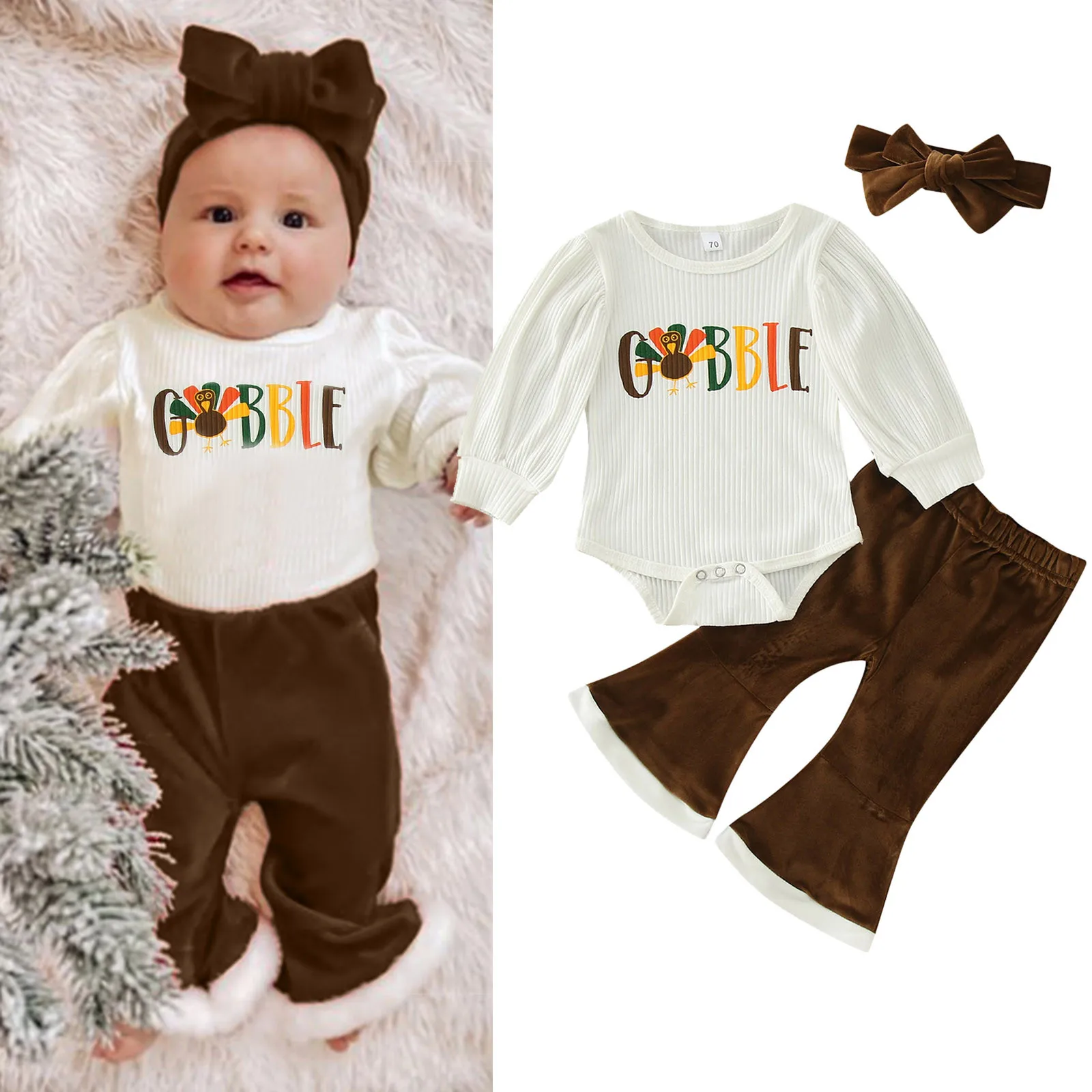 

6 Set Infant Girls Long Sleeve Thanksgiving Day Ribbed Cartoon Prints Romper Bodysuit Bell Bottoms Pants Girls Cropped Outfits