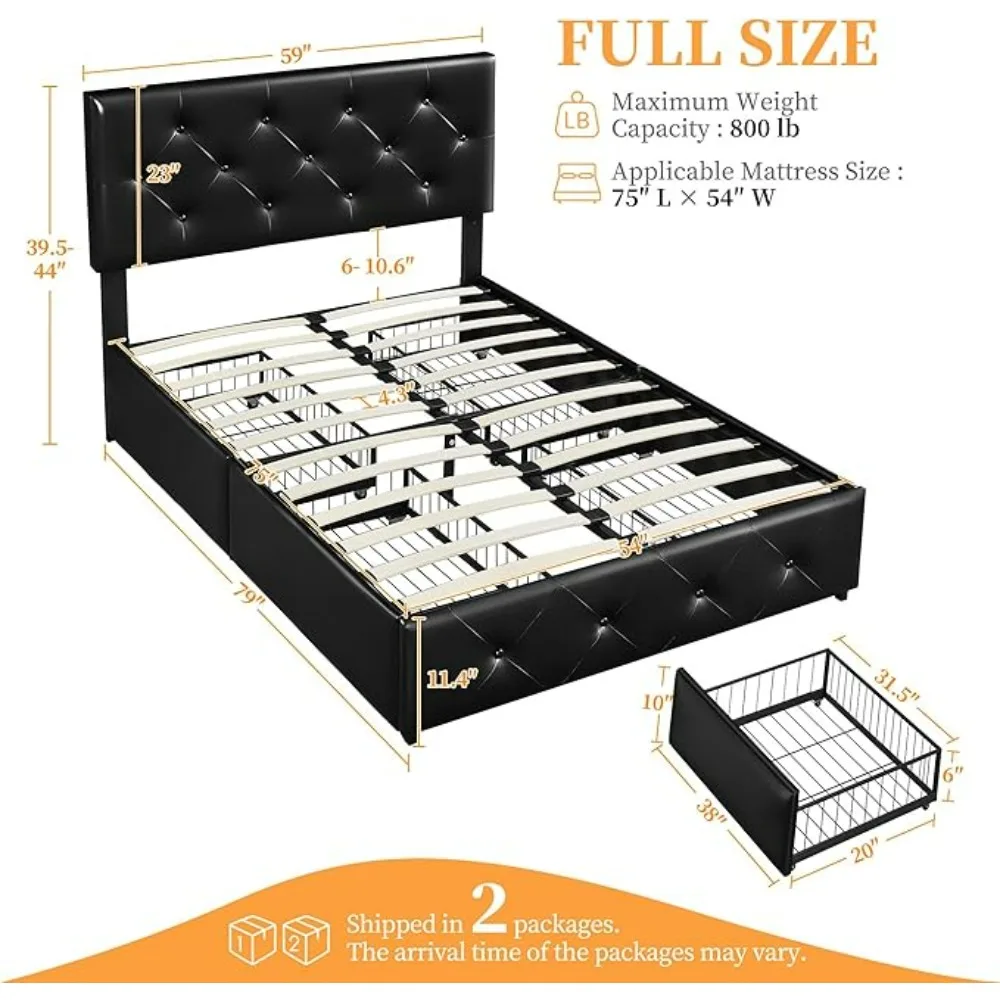 Upholstered Bed Frame with 4 Storage Drawers and Adjustable Headboard,Strong Wooden Slats Support, No Box Spring Needed