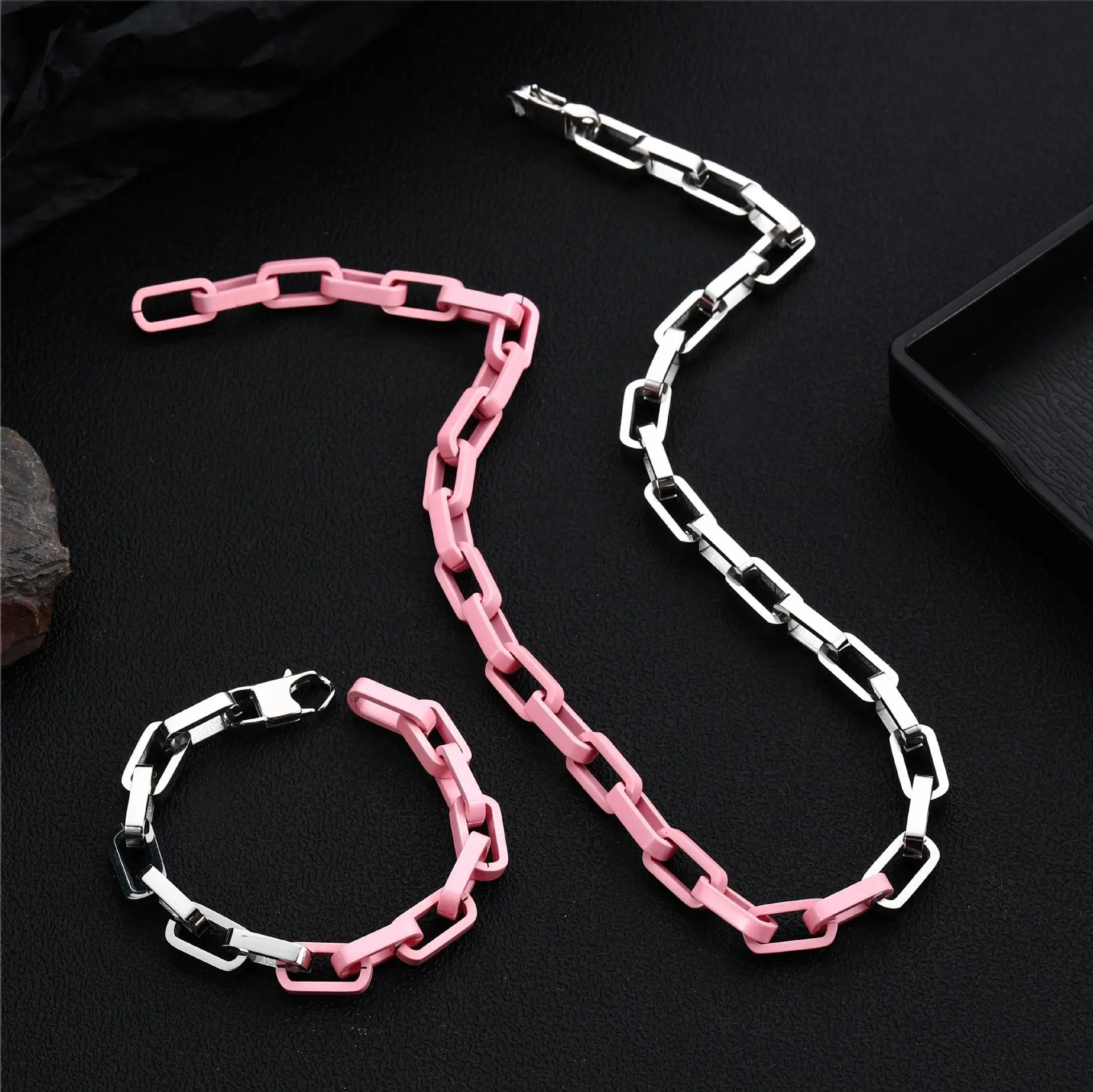 Stainless steel paint splicing Cuban chain thick bracelet niche high-grade light luxury titanium steel necklace hip-hop men
