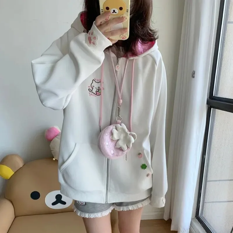 

Kawaii Hooded Ear Design Y2k Coat Cat Embroidery Japanese Thick Hoodie Girls Polka Dot Harajuku Cute Coat Y2k Overcoat For Women