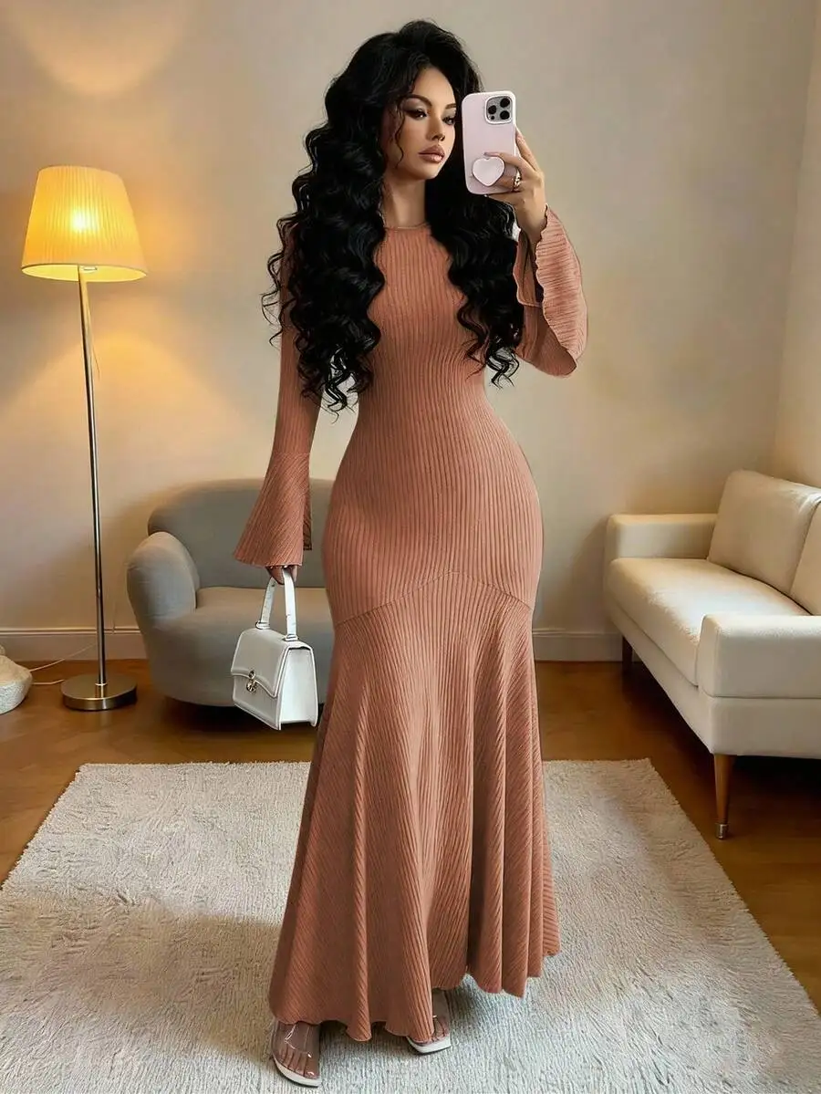 

Womens Stretchy Fitted Mermaid Hem Ruffle Sleeve Long Dress For Autumn Winter
