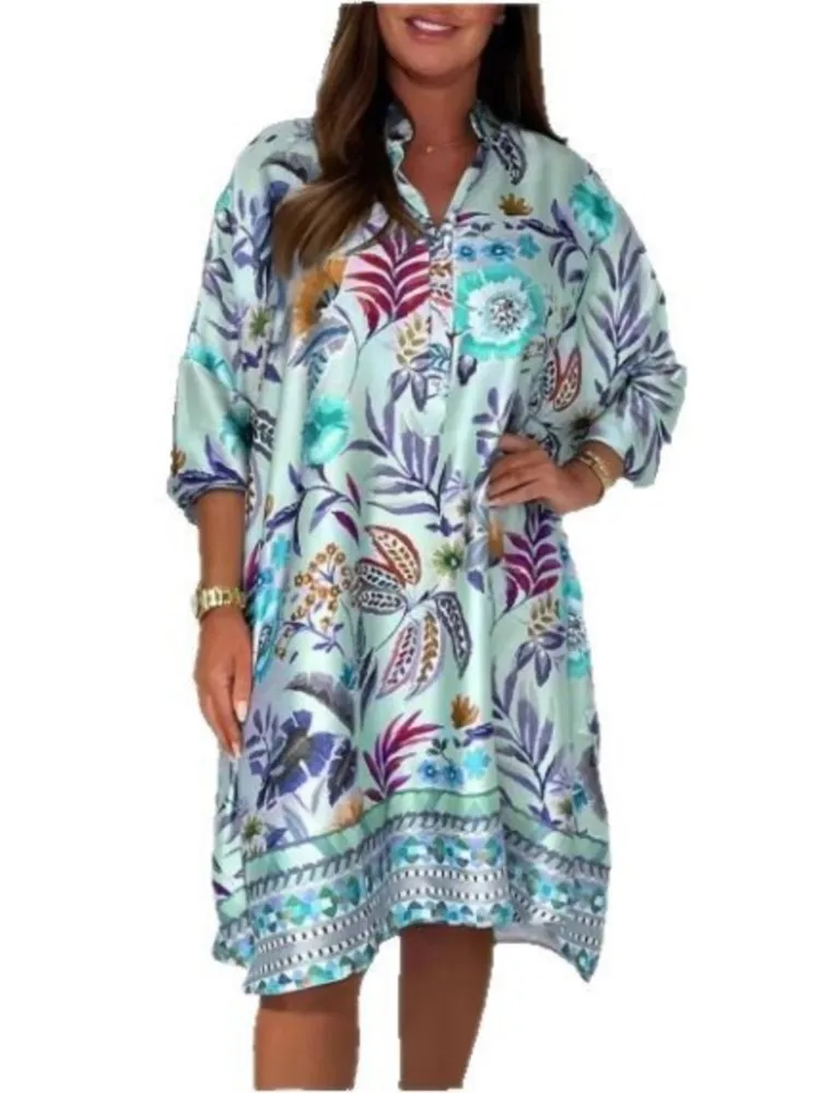 Print Long Dresses For Women Midi Dress Woman Puff Sleeve Summer Dresses 2025 Holiday Robe Boho Female Casual Loose Beach Dress