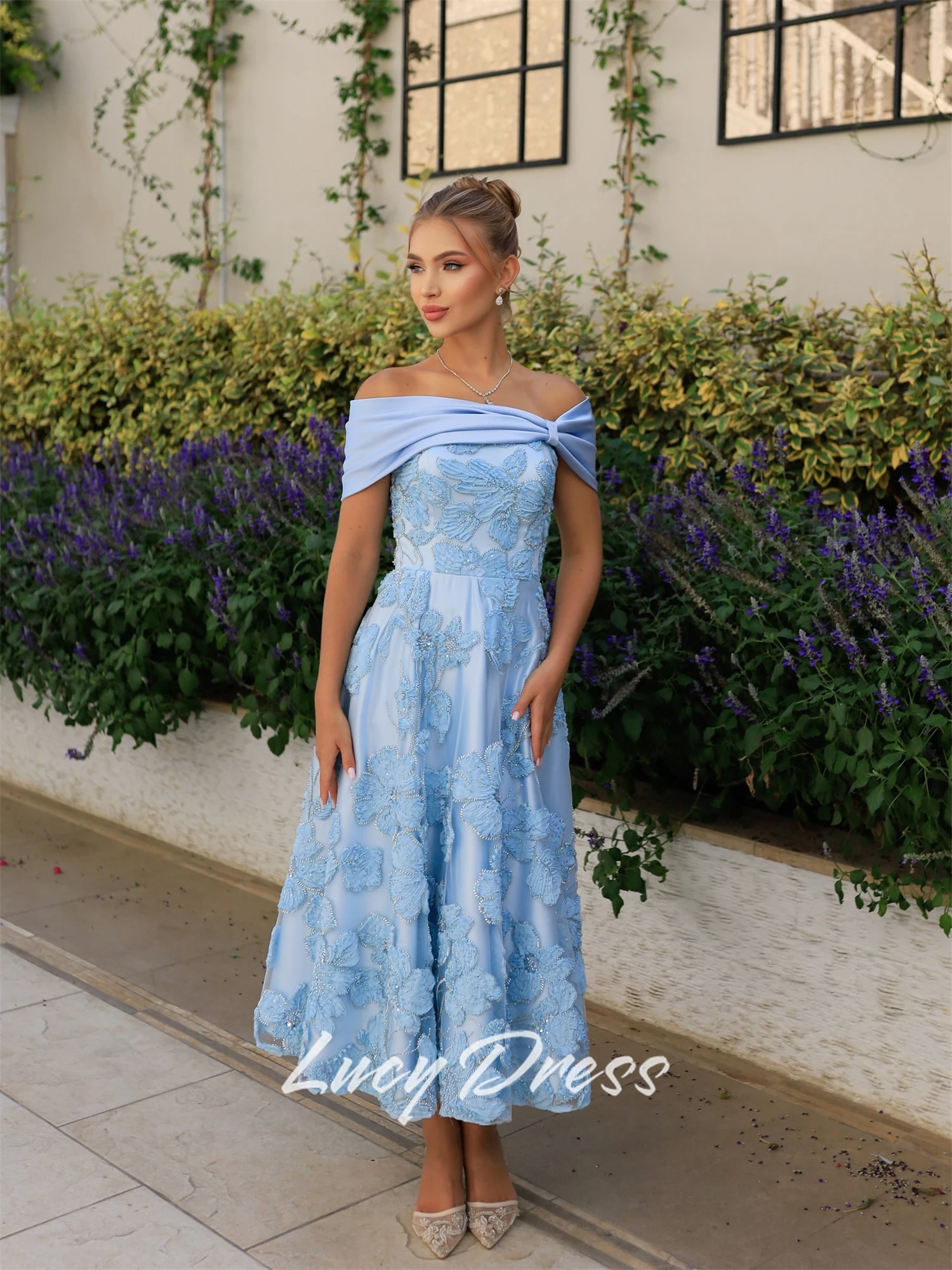 فستان سهرة نسائي أزرق من لوسي زهور ثلاثية الأبعاد فساتين حفلات أنيقة 2025 فساتين لحضور الحفلات الموسيقية للمناسبات الخاصة حسب الطلب