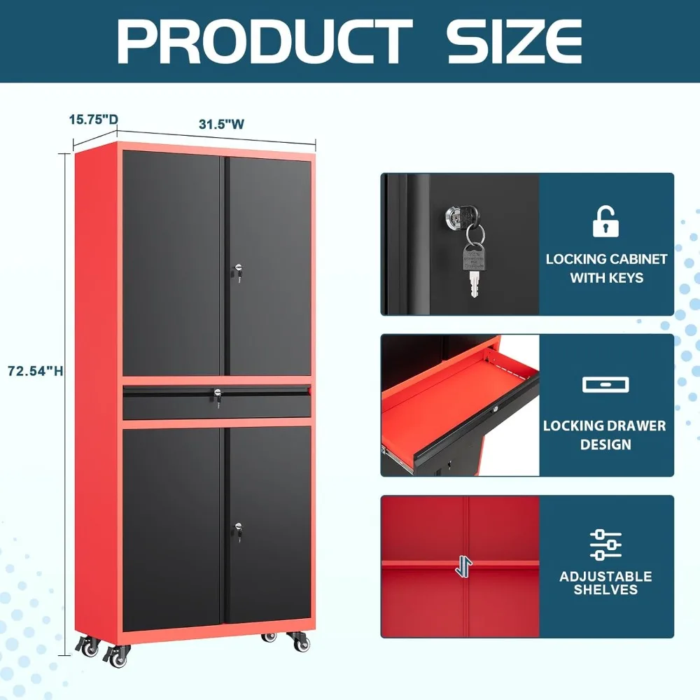 Czerwona metalowa szafka do przechowywania w garażu z kółkami, szufladą na kółkach i szafką z drzwiami do organizacji piwnicy