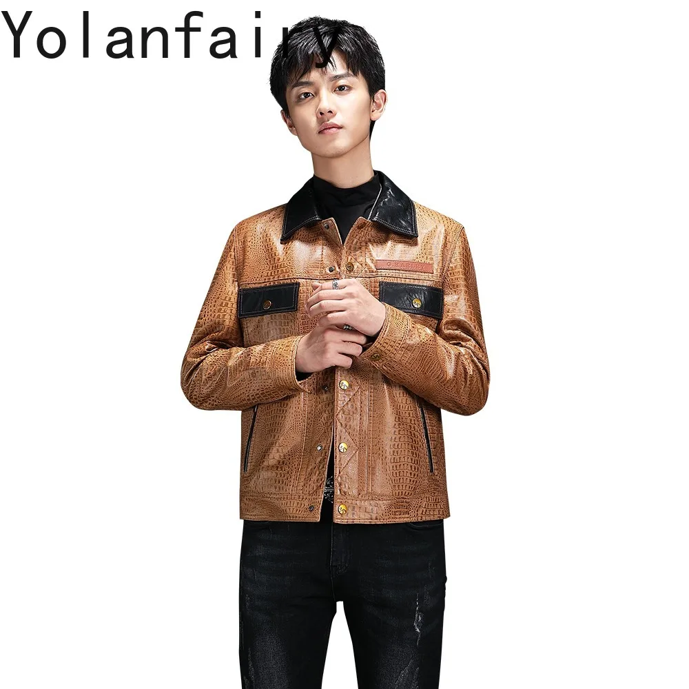 

YOLANFAIRY High Quality Genuine Leather Jackets Man Short Crocodile Pattern Real Goatskin Leather Coat Fashion Brown Jacket Coat