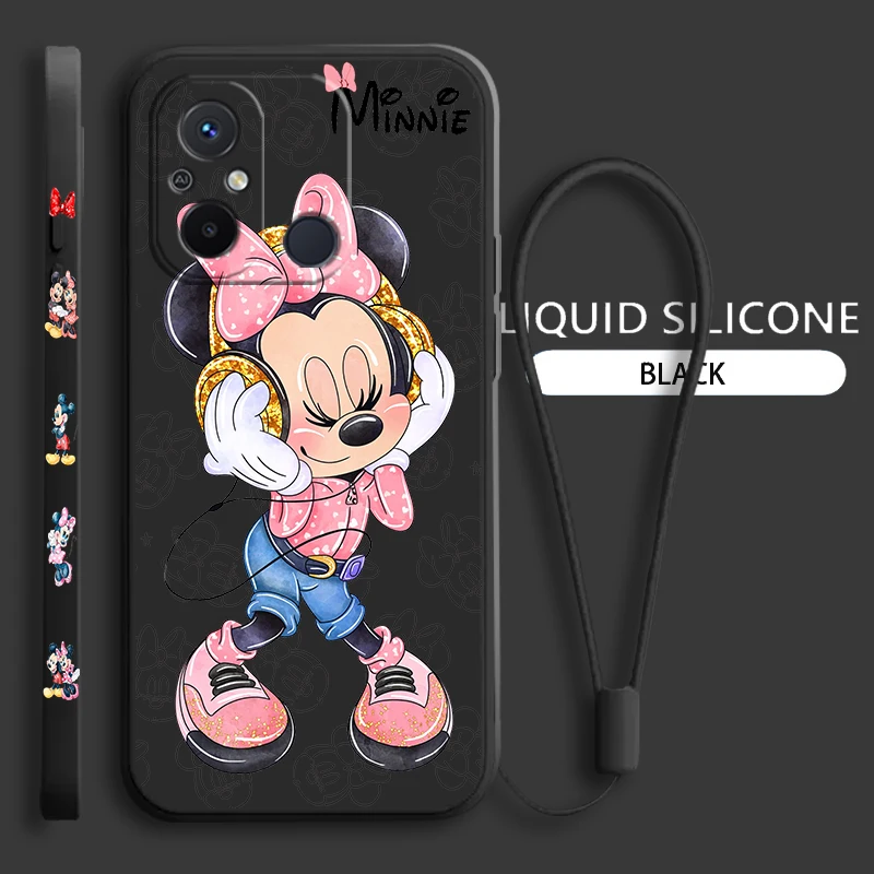 Pink Minnie Cartoon For Xiaomi Redmi 12 12C 11 Prime A1 10 10X 9 9A 9AT 8 Pro 4G 5G Liquid Left Rope Phone Case Coque Capa