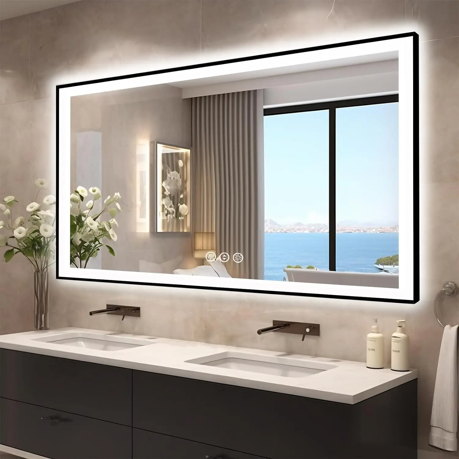 

60x28 LED Bathroom Mirrors for Wall-Black Aluminum Framed(Front and Backlit)