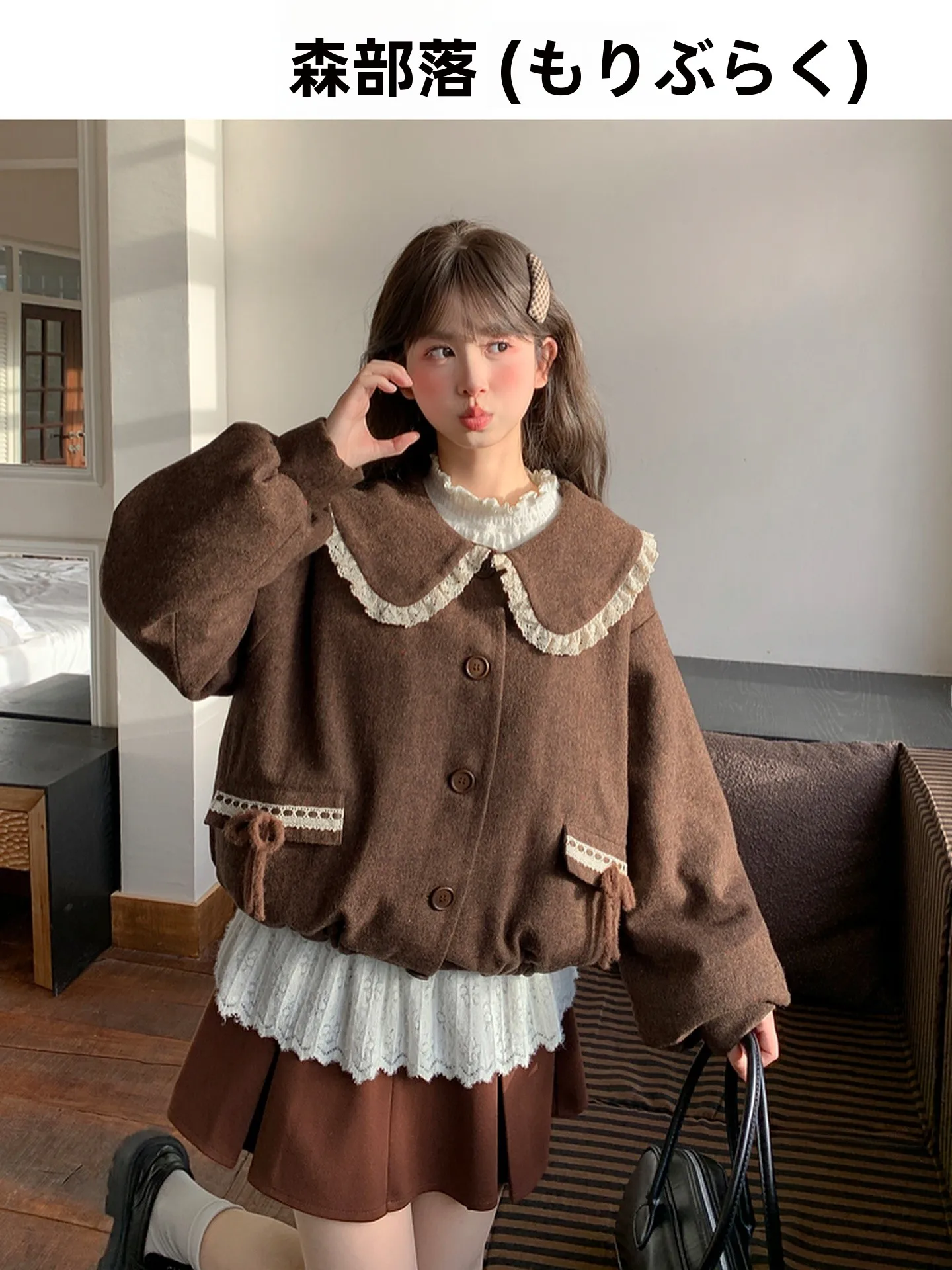 

Retro Doll Collar Short Woolen Jacket Women's Loose Versatile Top Winter Sweet Style Regular Sleeve Lengthened Button Closure