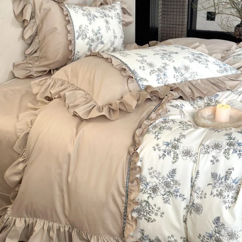 French Cotton Four-piece Set Retro Style Flower Print Lotus Leaf Lace Quilt Cover Bed Sheet Bedding Set