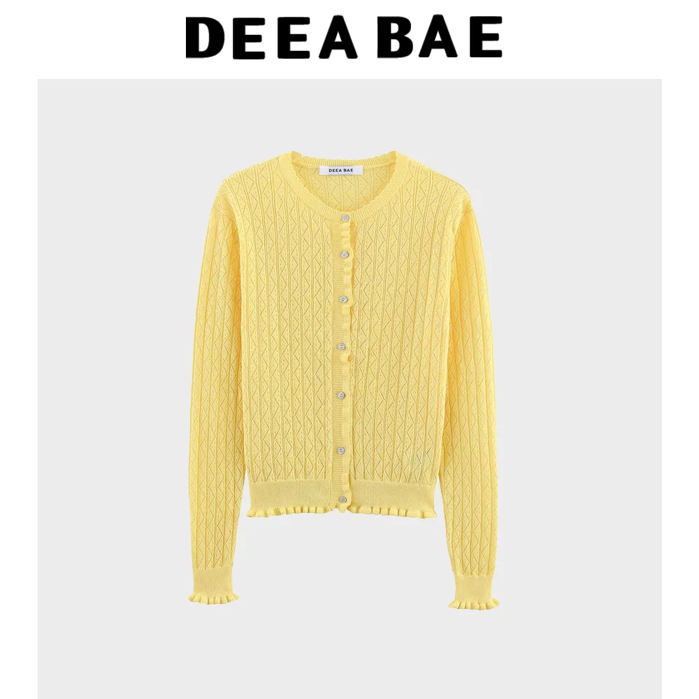 

DEEABAE Versatile hollow cardigan summer new Korean lace round neck jacket knitted sweater air conditioning shirt