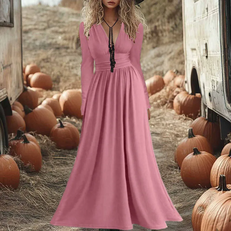 Casual High Waist Long Sleeve Mujer Dress Autumn Pleated Solid A-Line Boho Long Dress Sexy Hollow V Neck Holiday Evening Dresses