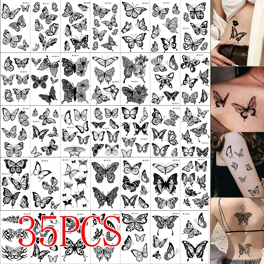 

35pcs/set Black Butterfly Temporary Tattoo Sticker Clavicle/Waist/Face/Shoulder Sexy Waterproof Tattoos Decals for Girl Body Dec