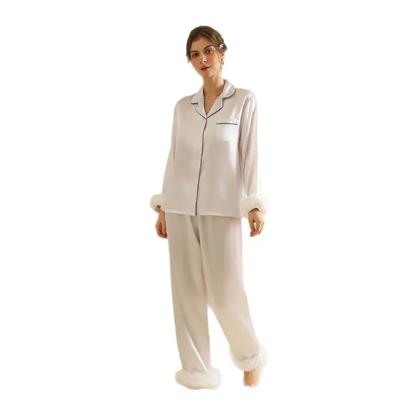 

Атласный пижамный комплект, пижамный комплект с длинными рукавами и перьями, летние свободные шорты, пижамный комплект, повседневная шикарная уличная одежда, одежда для сна