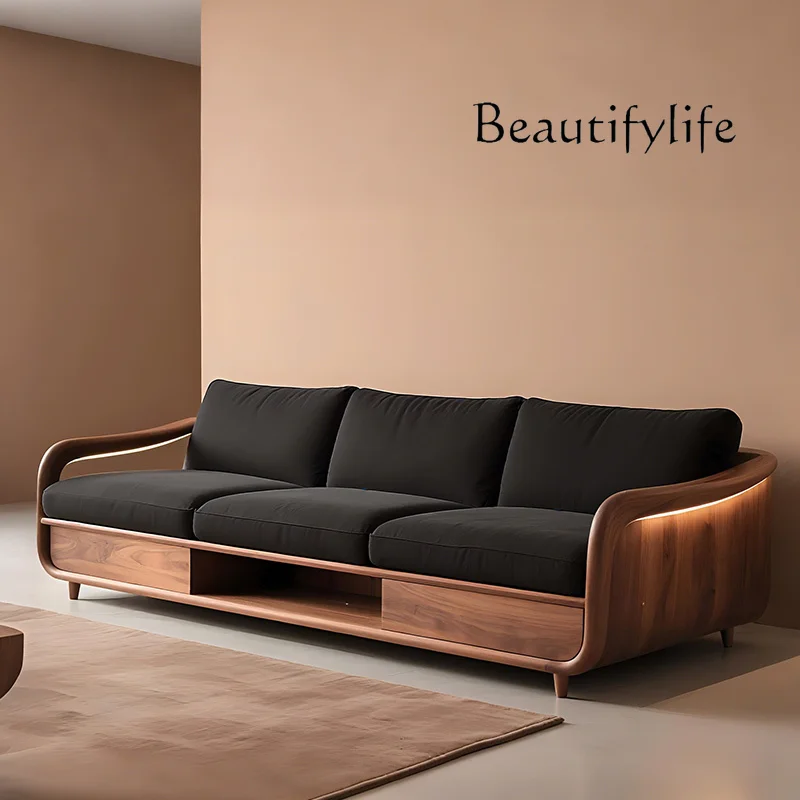 

Medieval solid wood sofa living room new walnut high-end fabric three-person straight sofa