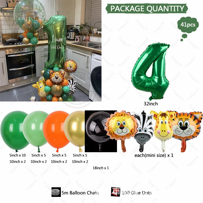 1set Carton Animal Balloons Tower 32inch Green Gold Number 1-9 Balloon For Kids Jungle Safari Wild One Birthday Party Decoration view 6