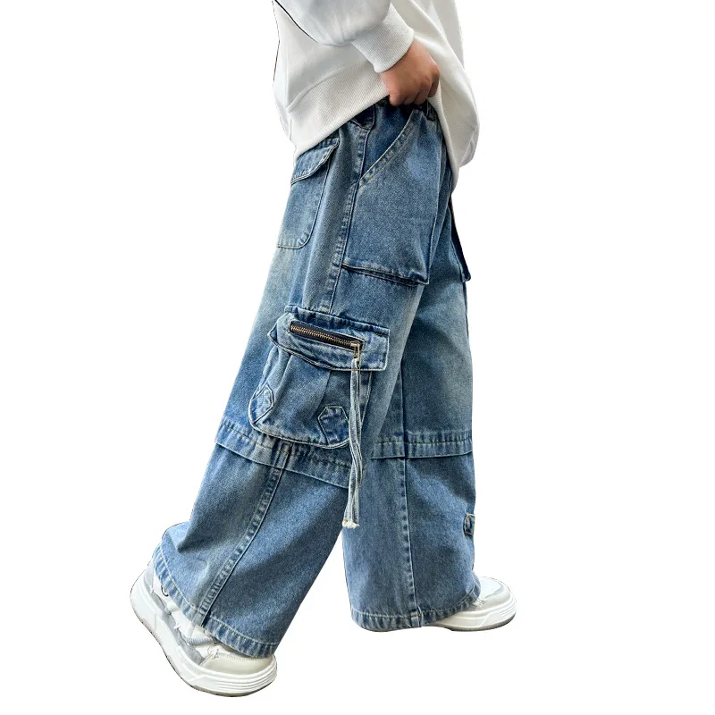 Baby Boys Loose Pants Spring Denim Trousers for Children Korean Toddler Baby Clothes Multi-Pocket Jeans Cargo Pants 2 -8 Years