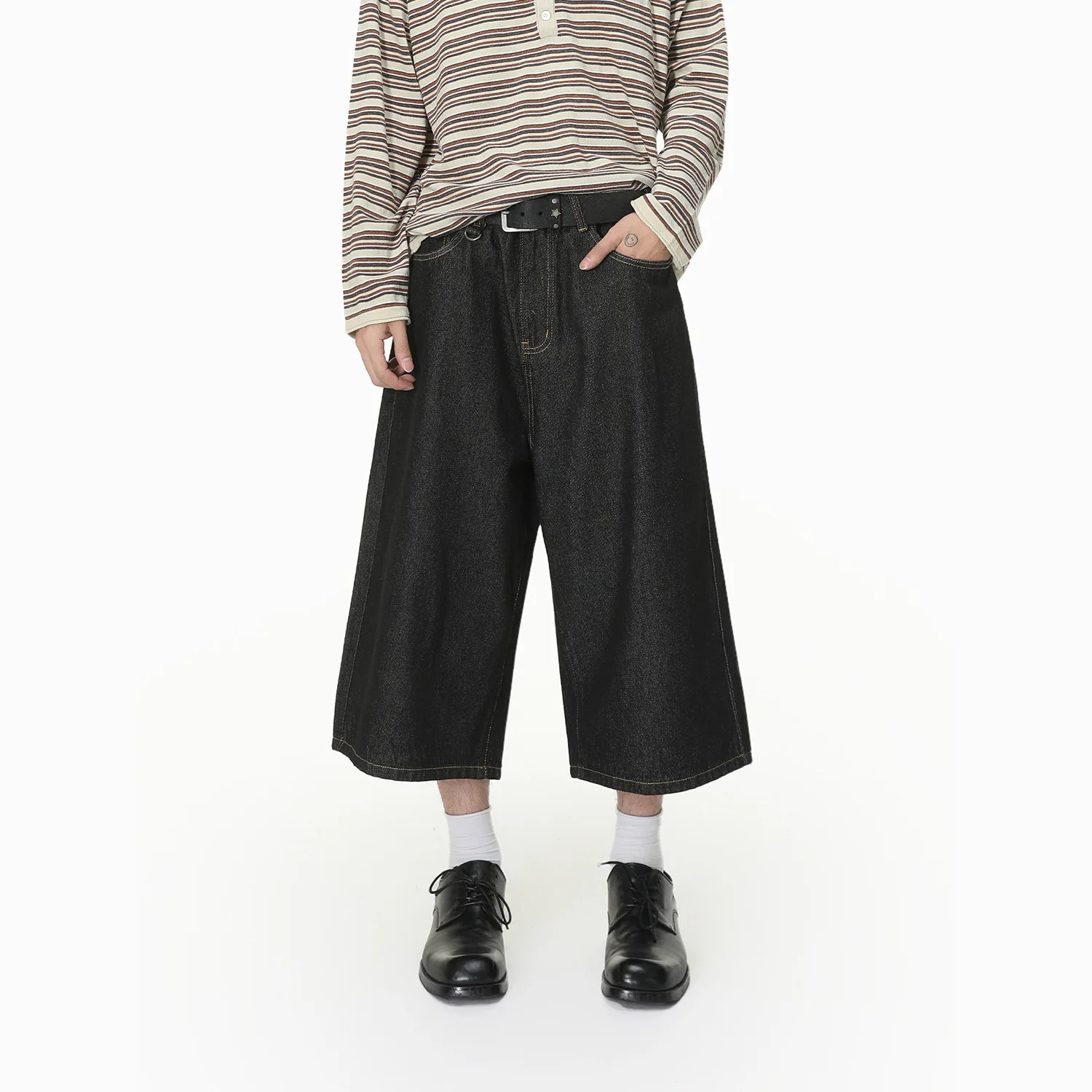 2026 New American Retro Loose Primary Color Black Seven-point Jeans Men's Summer Wide-leg Pants