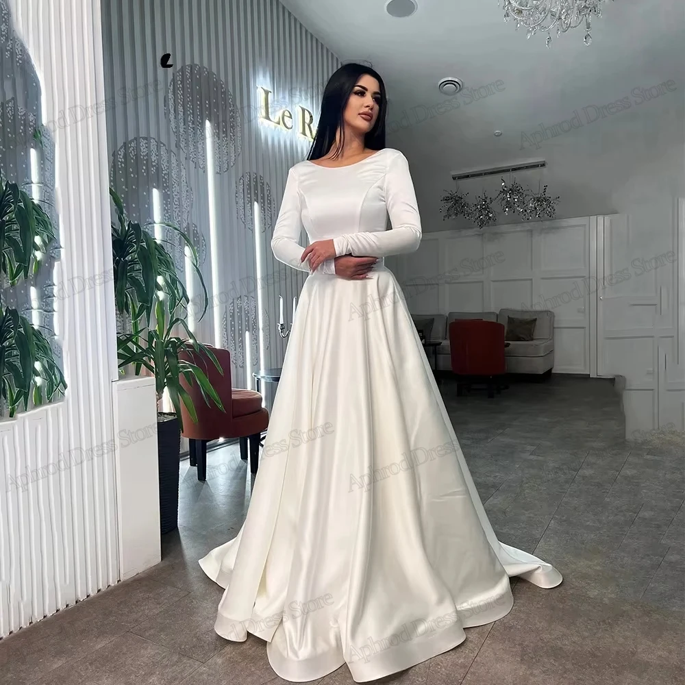 Simple Wedding Dresses A Line Bridal Gowns Satin Robes Full Sleeves Charming Dress Bow Decoration Vestidos De Novia Customized