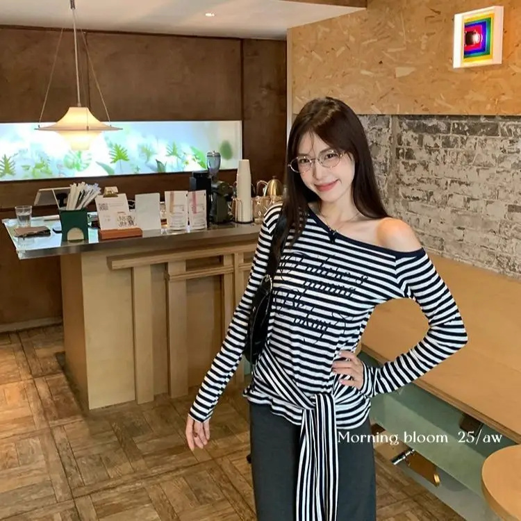 New Women's Autumn And Spring Casual Fitted Slimming Waist-cinching Belted Off-shoulder Slant Neck Striped Long Sleeve T-shirt