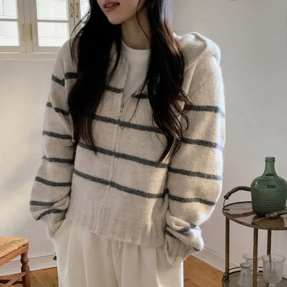 

Women's Casual Knitted Sweater Coat Loose Horizontal Stripes Open Cardigan Long Sve Thiened Winter Outerwear