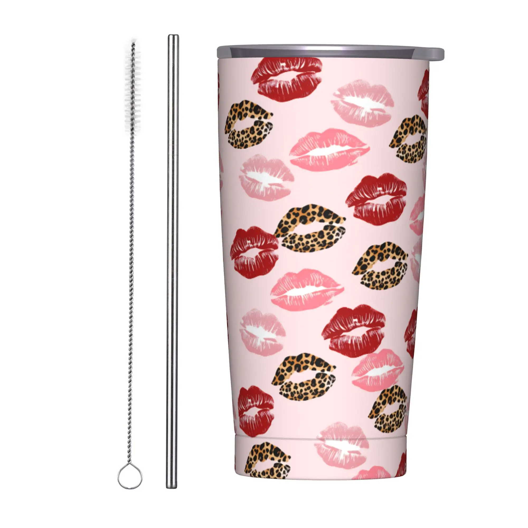 Leopard & Card Print Stainless Steel Tumbler With Straws  Travel Coffee Mug 20oz Cold Drink Water Bottle,
