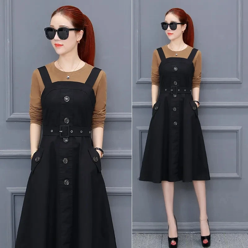 Spring 2024 New Cotton Long Dress Women's Suit Autumn Fashion Slim Temperament T-Shirt+Spaghetti Strap Dress Two-Piece Sets Lady