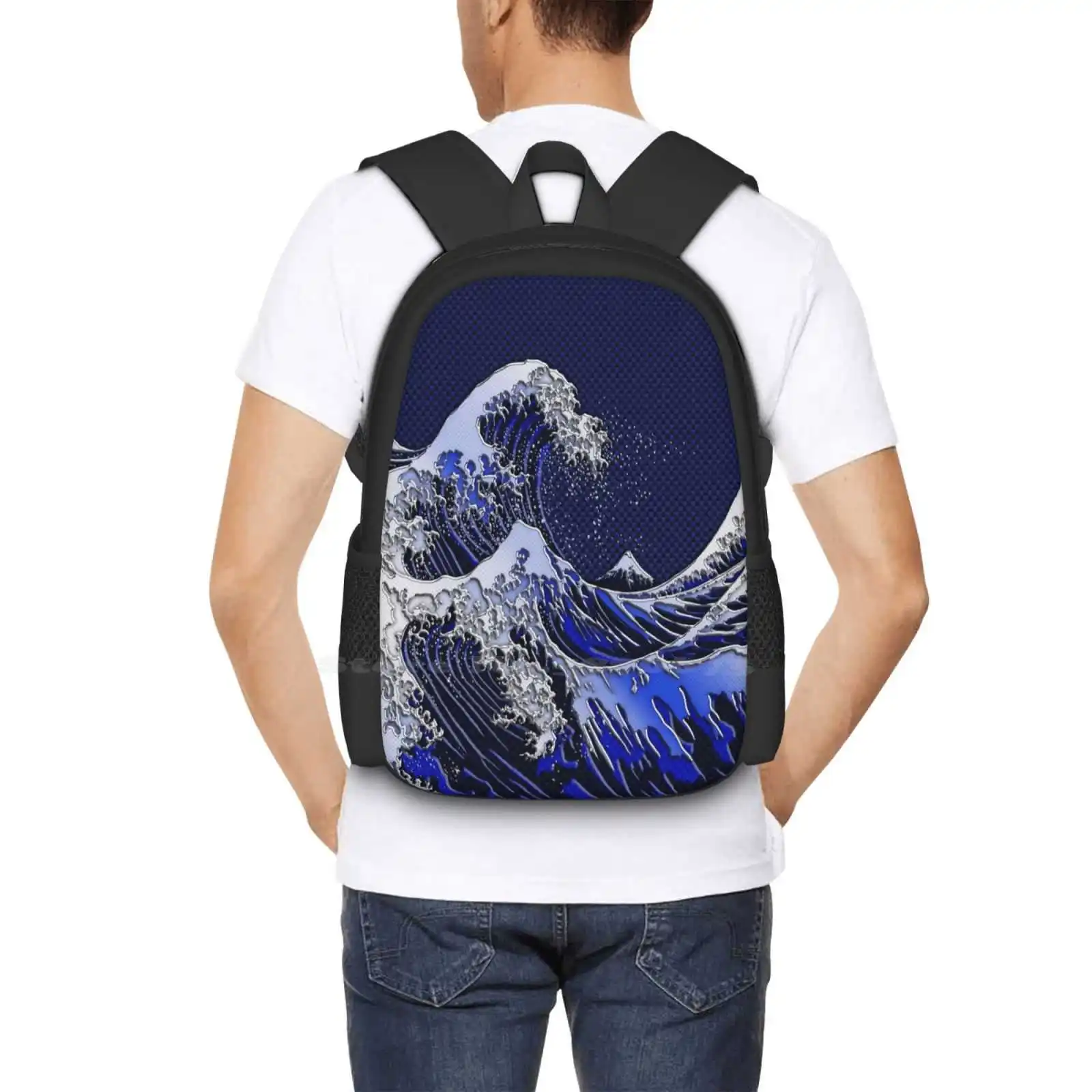 The Great Hokusai Wave Chrome Carbon Fiber Styles Hot Sale Backpack Fashion Bags Hokusai Japanese Chrome Carbon Fiber Navy Blue