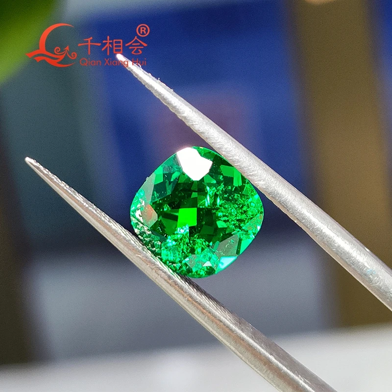 

Yttrium Aluminum Oxide Cultivated Tsavorite cushion Shape Columbia emerald color with inclushions artificial gem stone