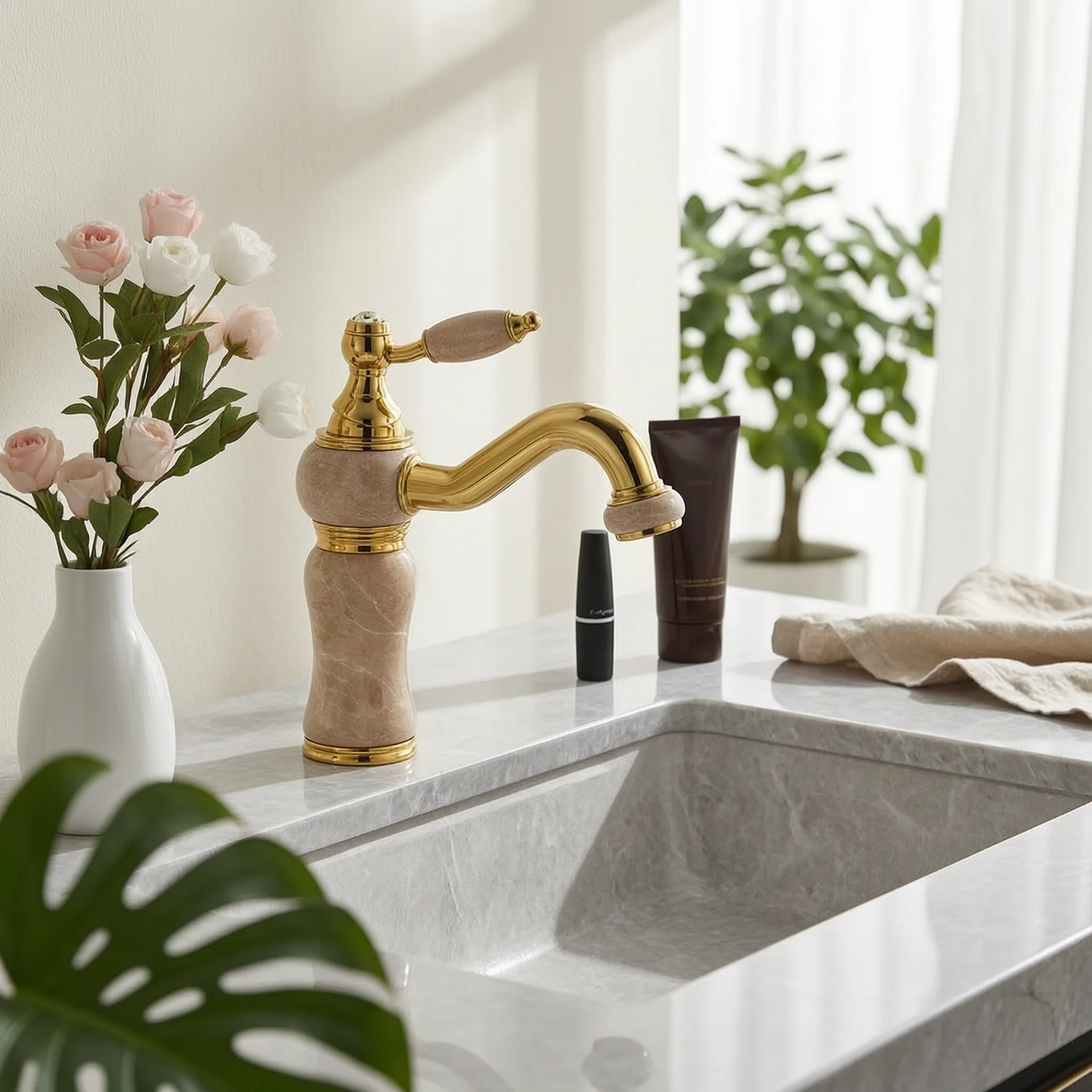 Faucet with Rotating Outlet Polished Gold Gooseneck Faucet Basin Tap Marble Textured Glossy for Bathroom, Powder Room